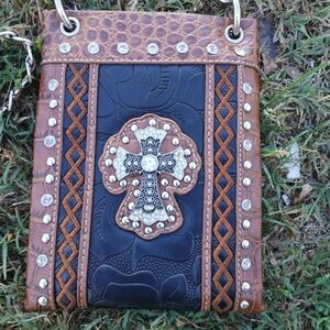Brown and Black Studded Crossbody Bag with Silver Accents Cross Western